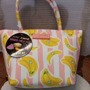 Betsey Johnson Pink and Yellow Banana Print Insulated Lunch Tote